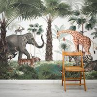 Animal Kingdom Animals in the Jungle Green Watercolour Children's Wallpaper Mural with Folding Chair