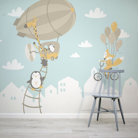 Blue children's hot air balloon wall mural by WallpaperMural.com
