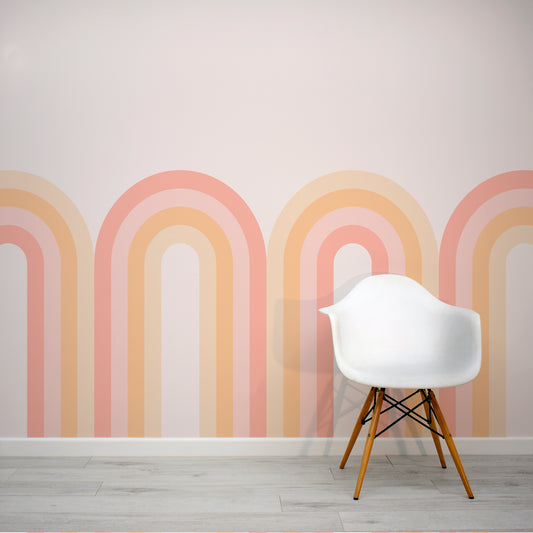 Archie Peach - Yellow & Pink Repeat Arches Wallpaper Mural with White Chair