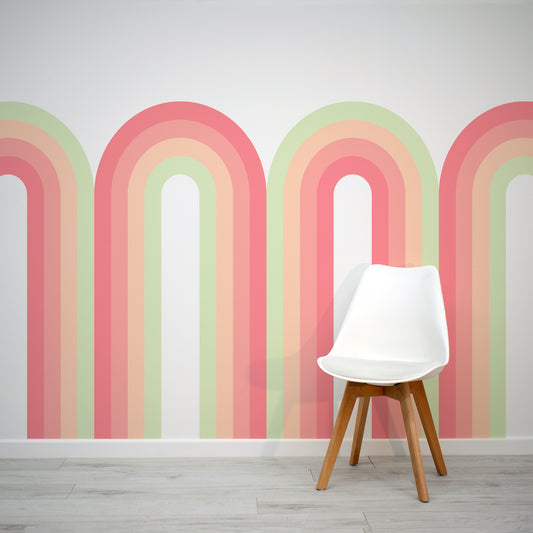Archie Zest Pink and Green Repeat Arches Wallpaper Mural with White Chair