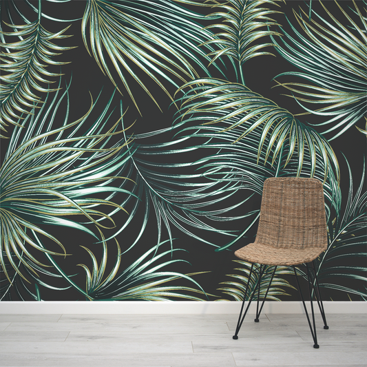 Green Tropical Palm Leaf Areca Wallpaper Mural with Rattan Chair