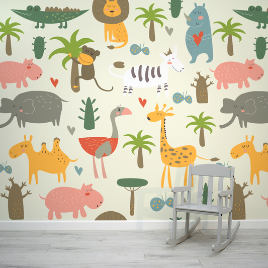 Neutral Children's Animal Ari Wallpaper Mural with Children's Chair