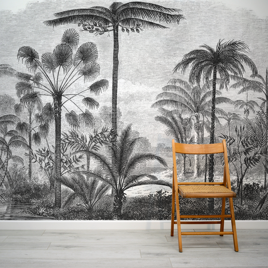 Arthur Vintage Tropical Etching Wallpaper Mural with Folding Chair