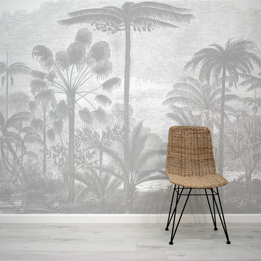 Arthur Grise Grey Vintage Tropical Etching Wallpaper Mural with Rattan Chair