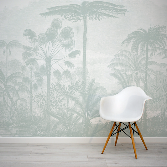 Arthur Sage Green Vintage Tropical Etching Wallpaper Mural with White Chair