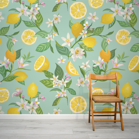 Austrows Lemon & Flowers on Green Wallpaper Mural with Folding Chair