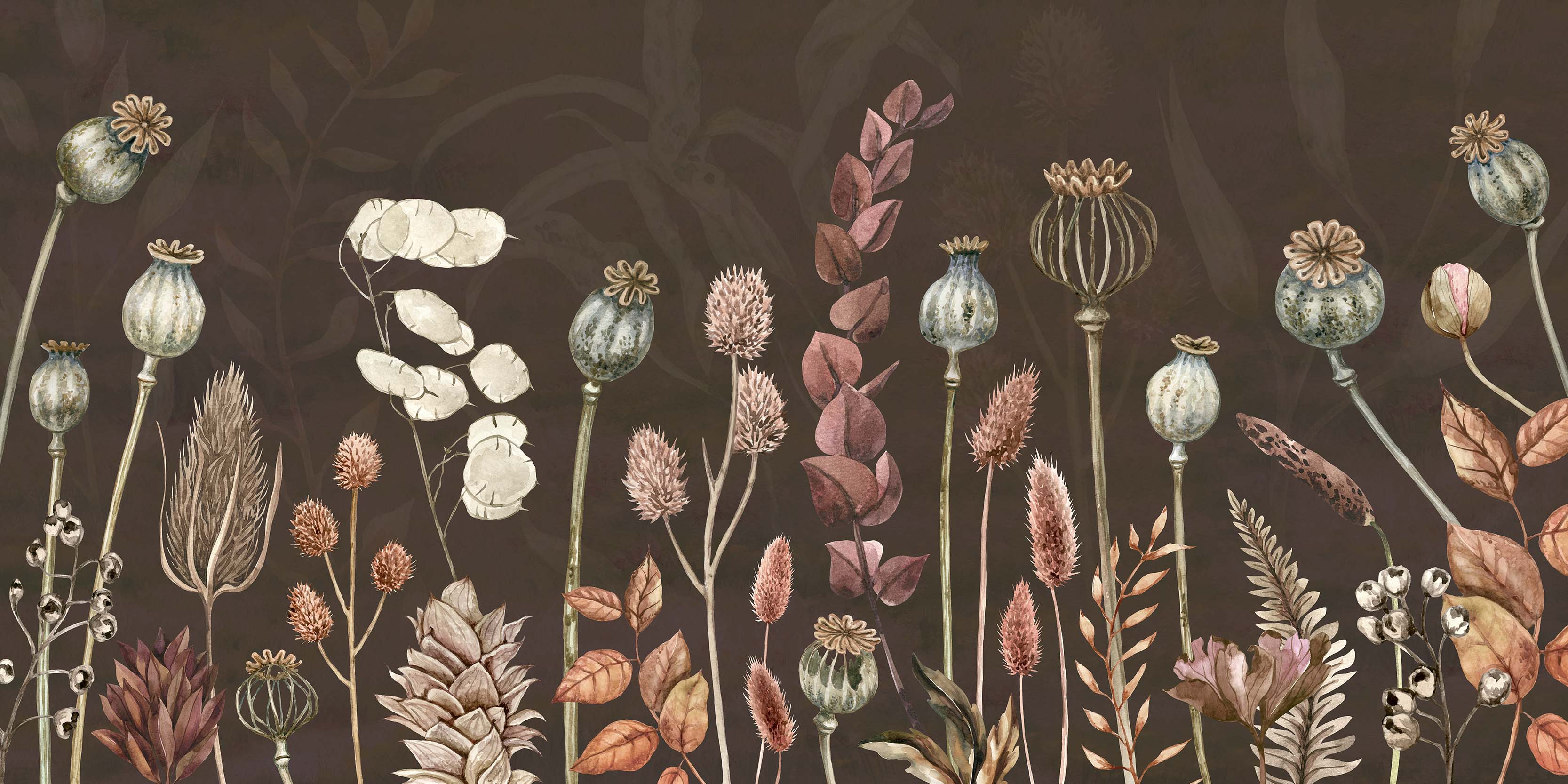 Flores de otoño marrón - Mural botánico de acuarela marrón