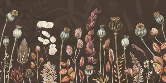 Autumn Flowers Brown - Brown Watercolour Botanical Wall Mural