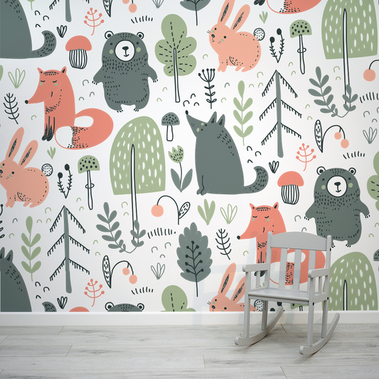 Woodland Animal Pattern Children's Avatons Wallpaper Mural with Children's Chair