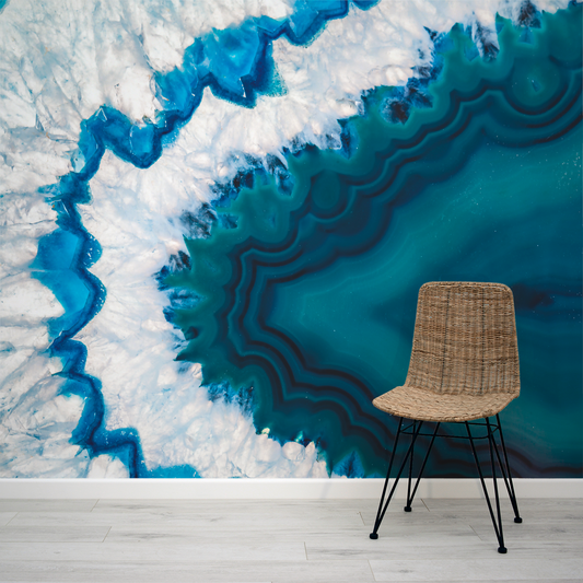 Blue Agate Crystal Geode Azure Wallpaper Mural with Rattan Chair