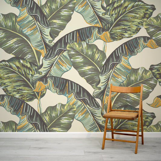 Green Banana Leaf Wallpaper Mural with Folding Chair