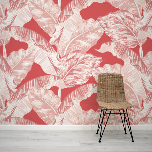 Pink & Red Banana Leaf Merah Wallpaper Mural with Rattan Chair