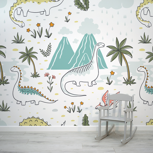 Cartoon Dinosaur Volcano Baroadies Wallpaper Mural with Children's Chair