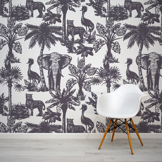 Etched Elephant Jungle Baylory Wallpaper Mural with White Chair