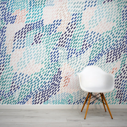 Blue & Pink Dot Halftone Art Bedraph Wallpaper Mural with White Chair