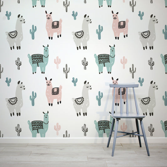 Cartoon Llamas & Cactus Belusen Wallpaper Mural with Blue Chair