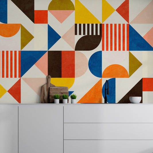 Berta watercolour texture geometric wallpaper showcased in a kitchen space by wallpapermural.com