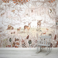 Birch Autumn Autumnal Watercolour Children's Illustration Wallpaper Mural with Kid's Chair