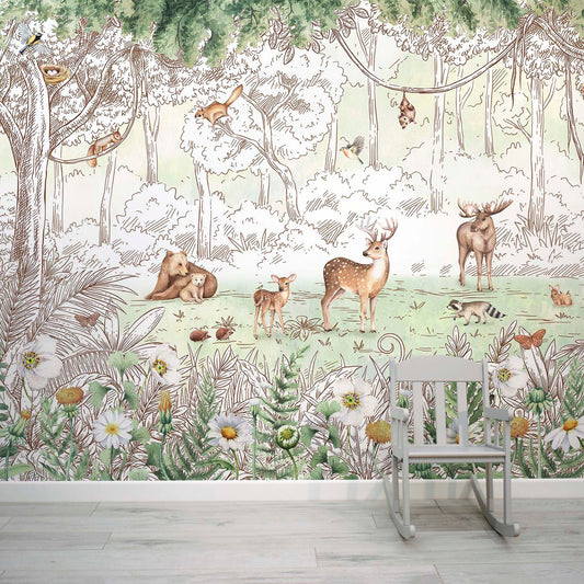 Birch Spring - Springtime Watercolour Children's Illustration Wallpaper Mural with Children's Rocking Chair