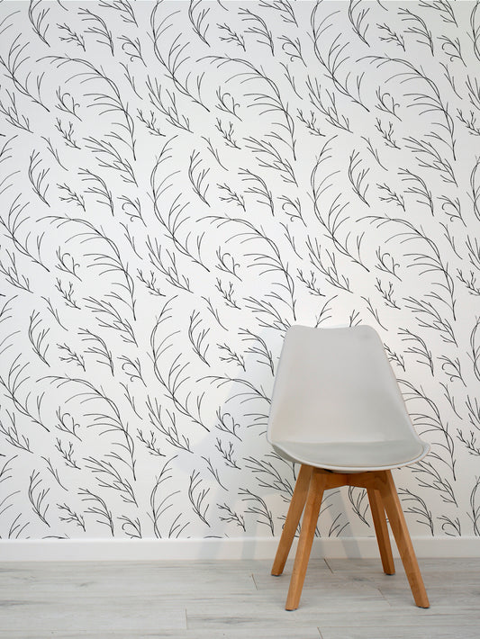Black & White Monochrome Tree Branches Wallpaper Interior Design with a Grey Eames Chair