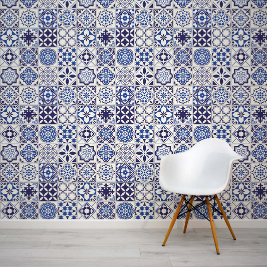 Blue spanish tiles wallpaper by WallpaperMural.com