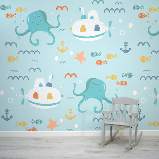 Childrens nursery underwater octopus and submarine wallpaper mural by WallpaperMural.com