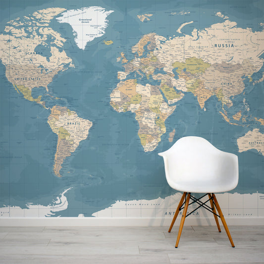 Blue world map atlas wall mural by WallpaperMural.com