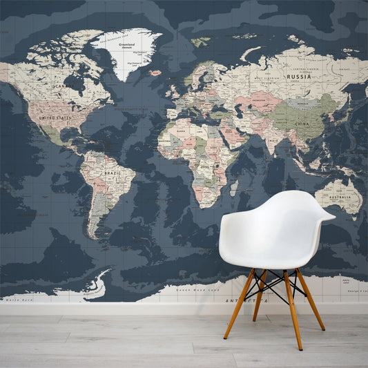 Blue World Map Dark - Dark Vintage World Map Wallpaper Mural