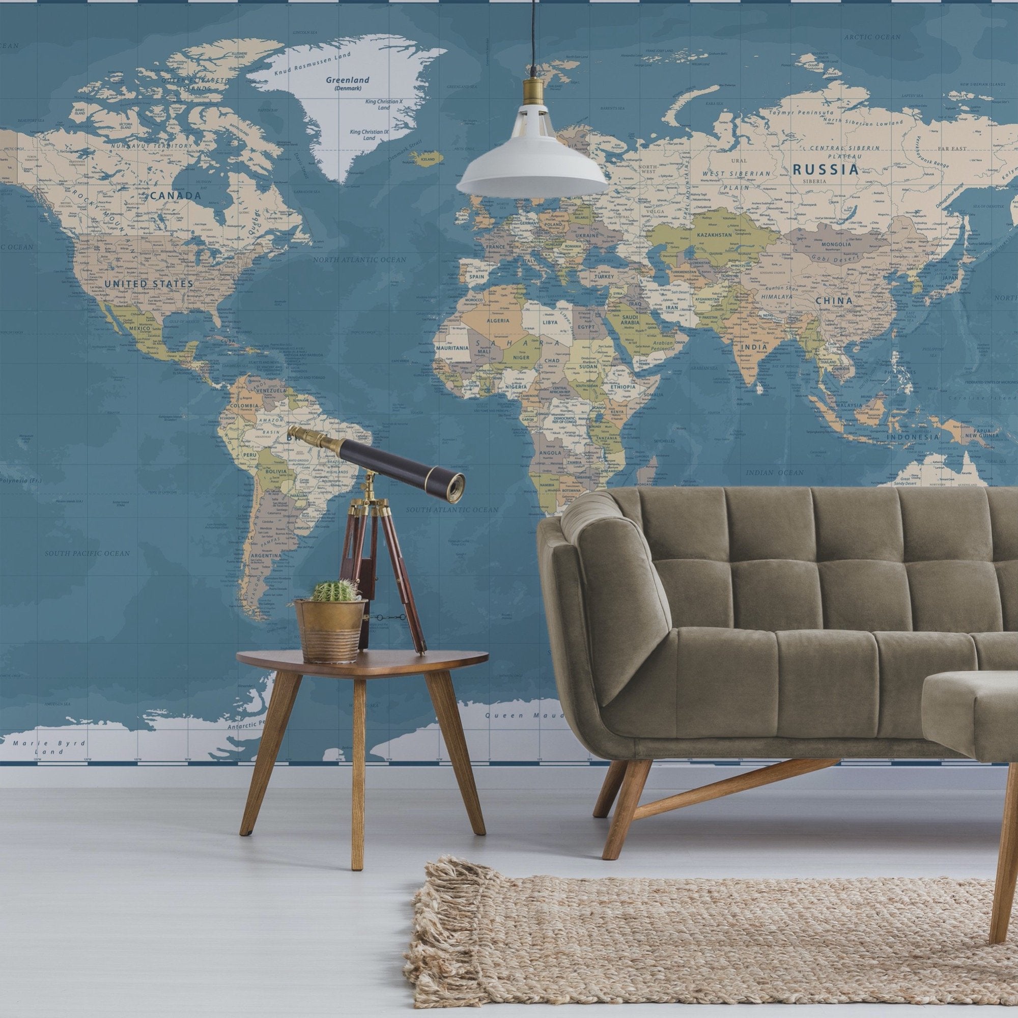 Wall Mural - Blue World Map - Traditional Wallpaper (Paste-the-wall) - Made to Measure