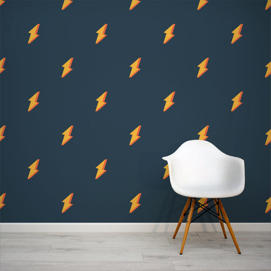 Navy blue and orange lightening wall mural by WallpaperMural.com