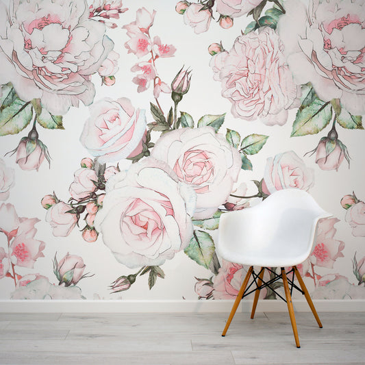 Pink and white rose floral farmhouse wall mural by WallpaperMural.com