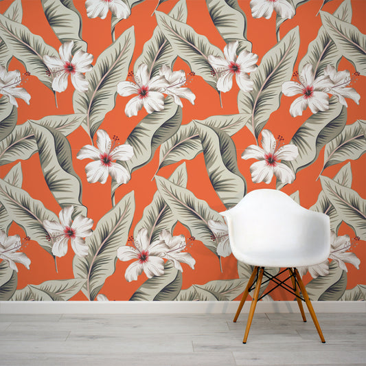 Bottlic - Mural de papel pintado Hibiscus sobre naranja