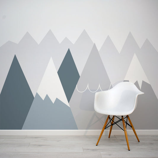 Grey and blue mount range children's wall mural by WallpaperMural.com