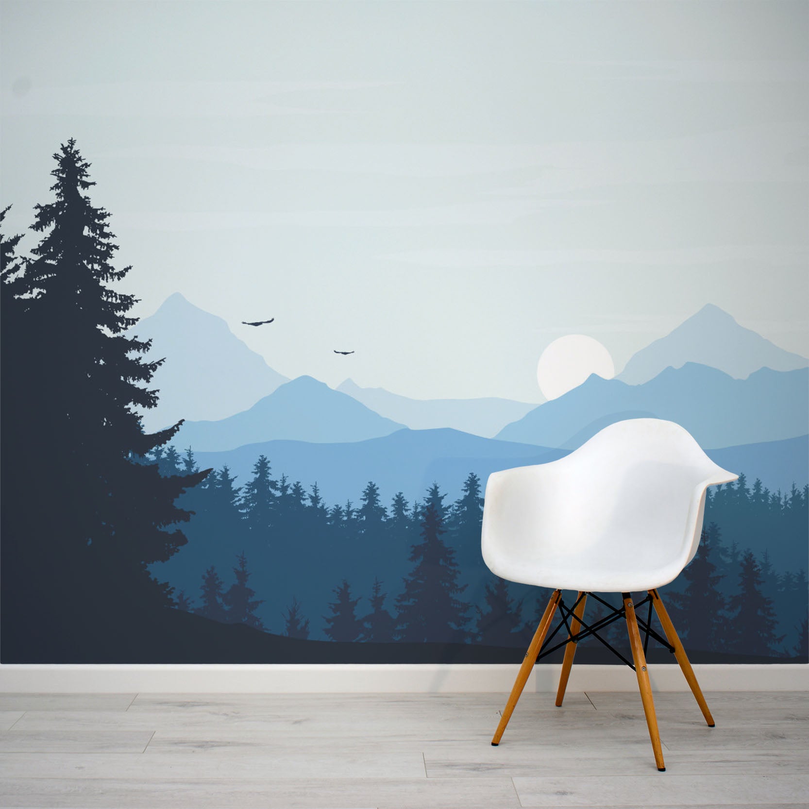 Brairy Blue Woodland & Mountains Wall Mural | WallpaperMural.com