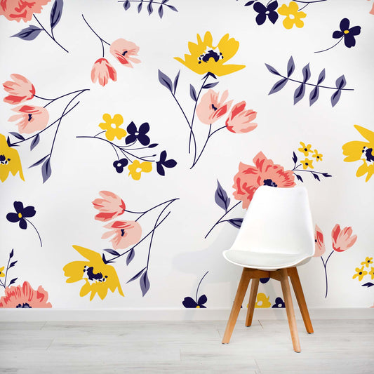 Bright Pink and yellow floral farmhouse wallpaper by WallpaperMural.com