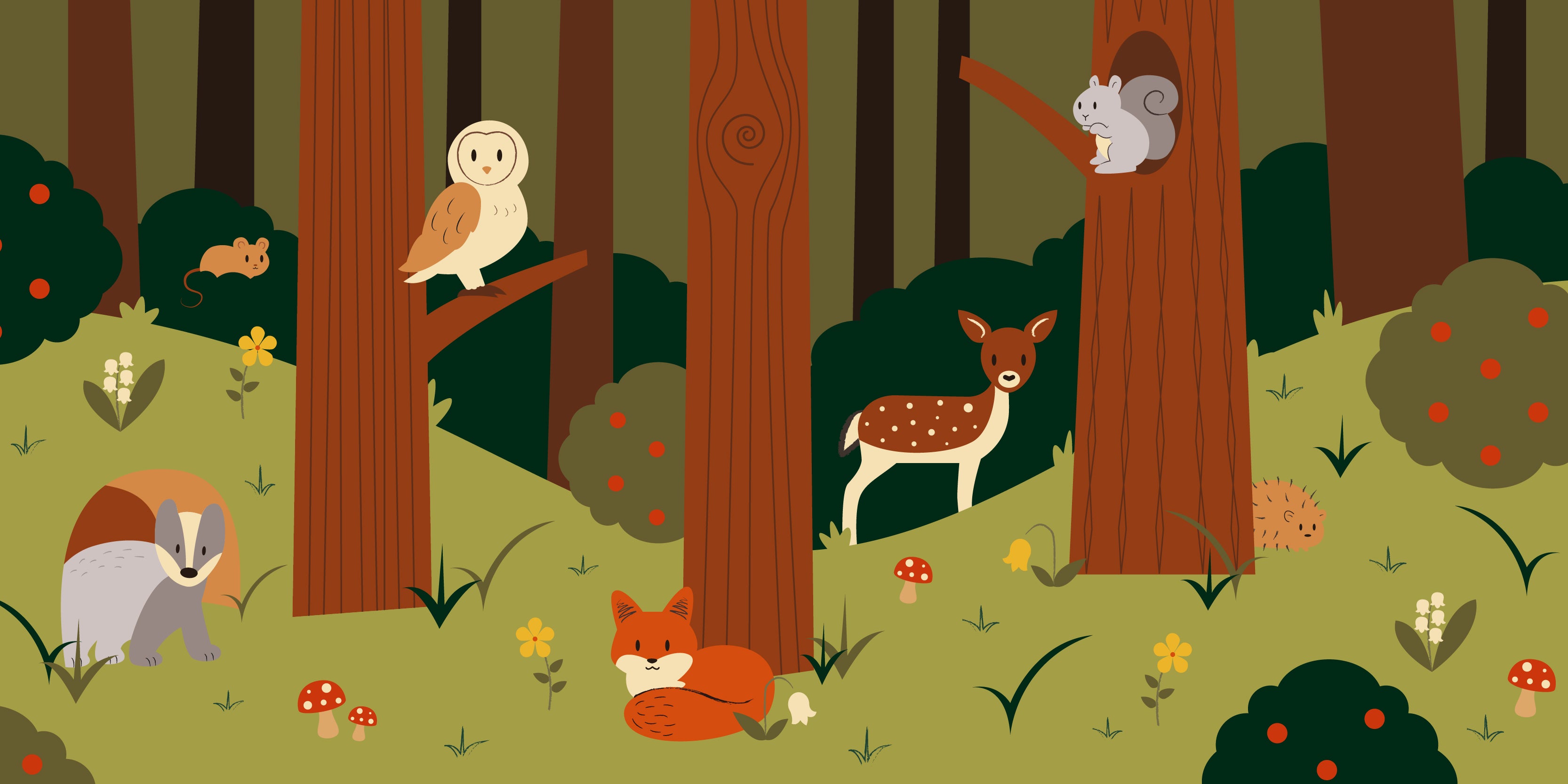 Broadleaf - Mural de papel pintado de bosque de dibujos animados
