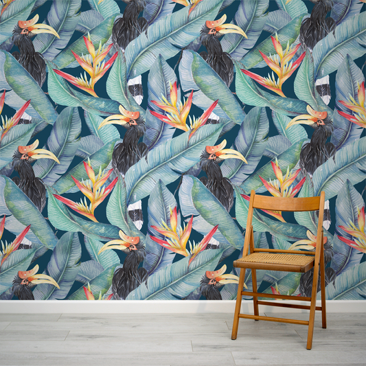 Hornbill blue-green tropical palm leaf watercolour wallpaper by WallpaperMural.com