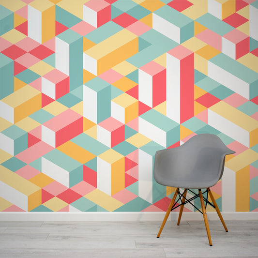 Burga - Mural de papel pintado abstracto de bloques cúbicos multicolor