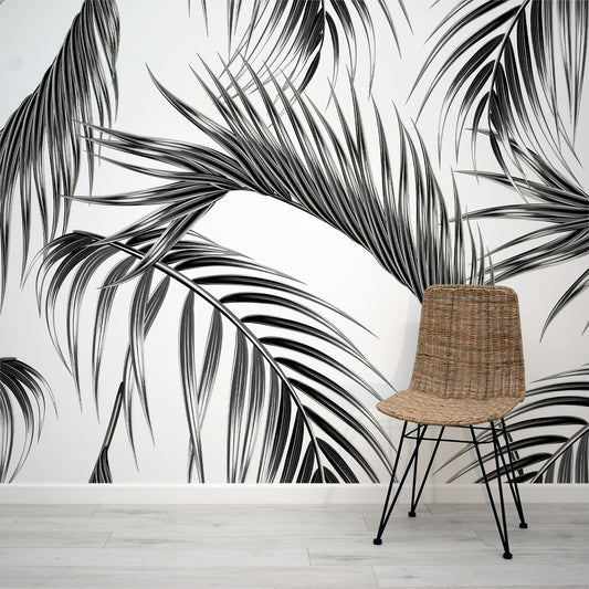 Burma black and white tropical pam leaf wallpaper mural by WallpaperMural.com