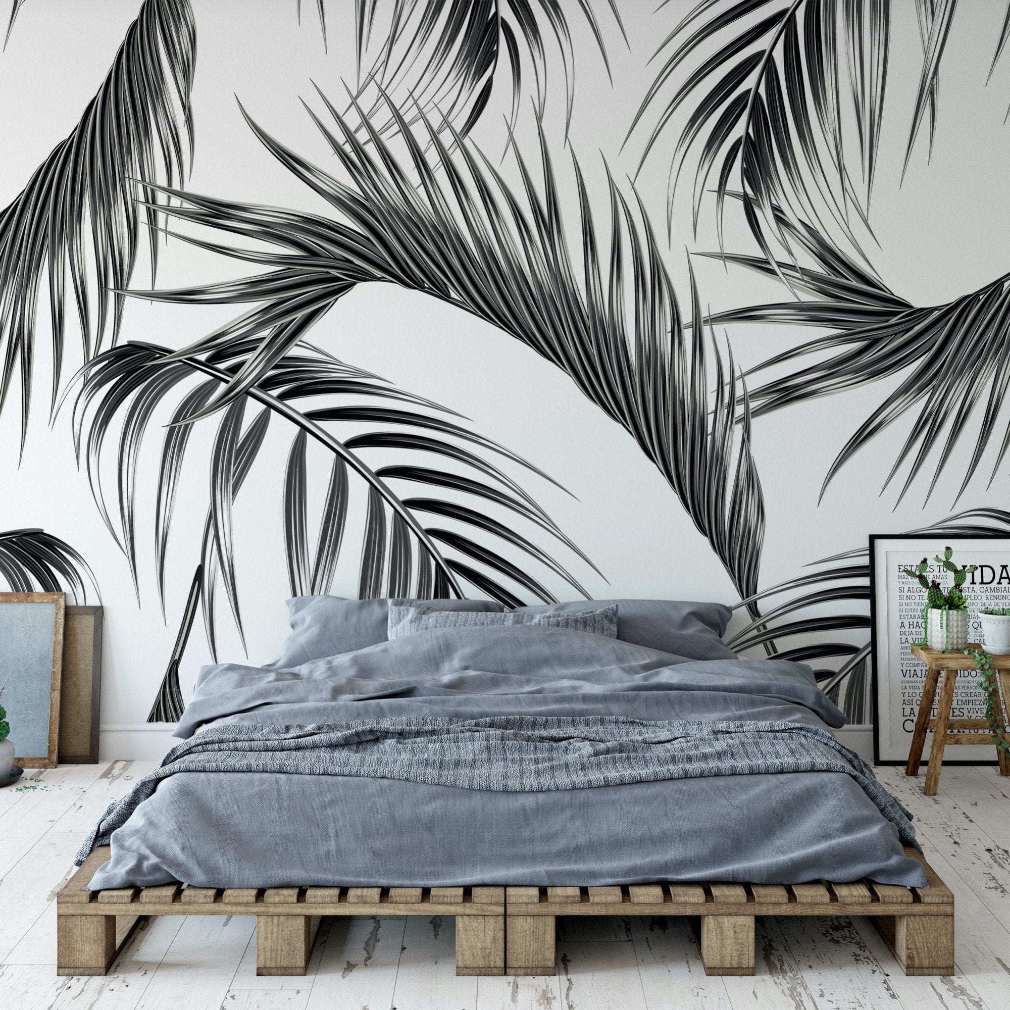 Wall Mural - Black and Grey Tropical Scandinavian Palm Leaf - Removable Wallpaper (Peel & Stick) - Made to Measure