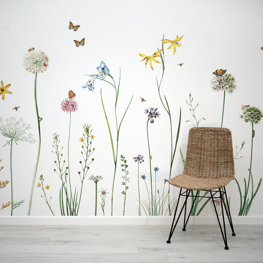 Butterfly Garden - Watercolour Butterflies and Bees in Flowers Wallpaper Mural with Rattan Chair