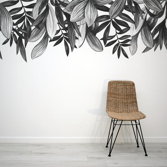 Hnaging Leaves Canopy Grey Wallpaper Mural with Rattan Chair