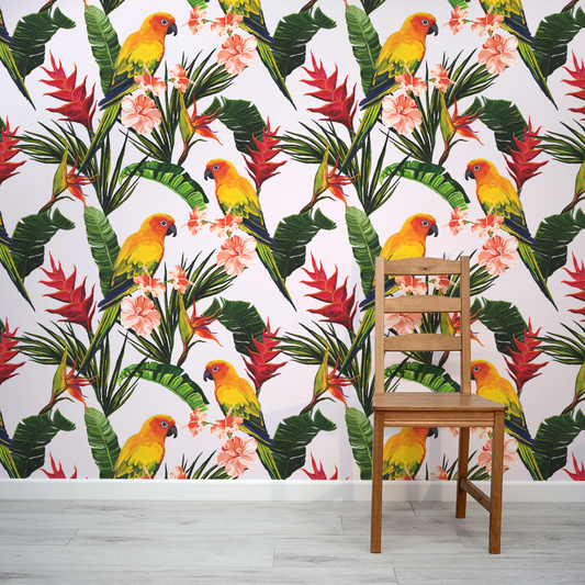 Painted Palm Leaves & Parrots Catics Wallpaper Mural with Dining Chair