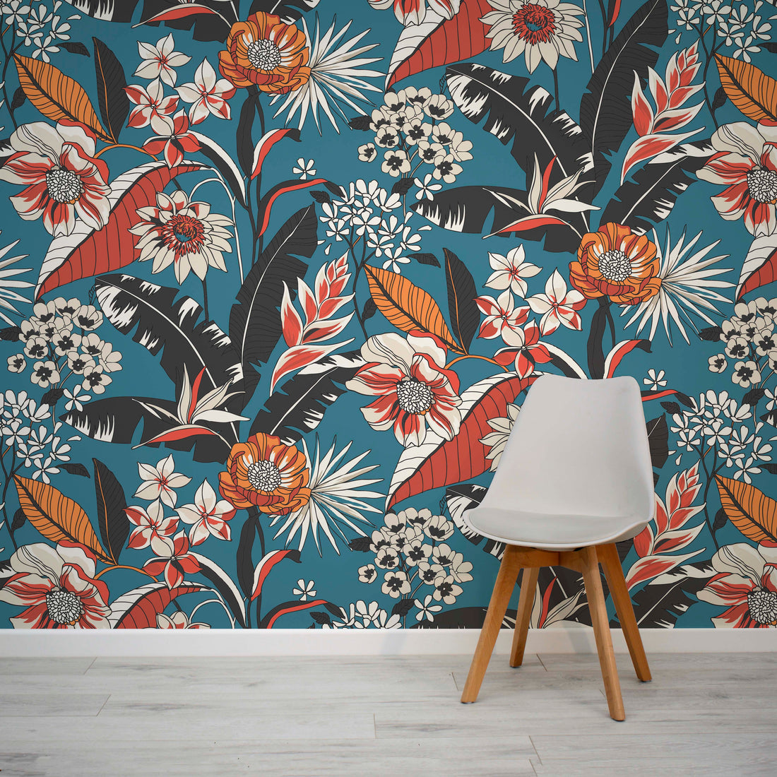 Eclectic mural with bright blue red and orange flowers by WallpaperMural
