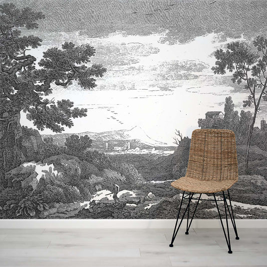 Chatelain vintage etching farm scene wall mural by WallpaperMural.com