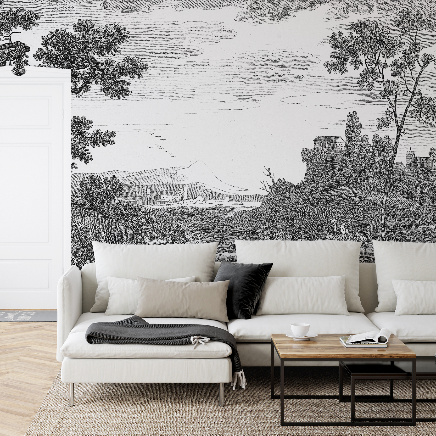 Wall Mural - Vintage Etched Farm Scene - Removable Wallpaper (Peel & Stick) - Made to Measure