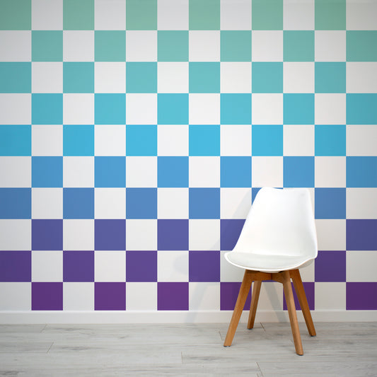 Checkmate Aqua Blue and Green Checkerboard Design Wallpaper Mural with White Chair