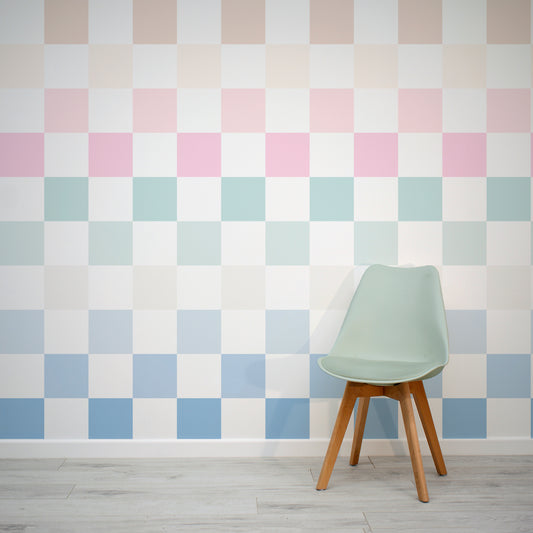 Checkmate Pastel Rainbow Checkerboard Design Wallpaper Mural with Green Chair