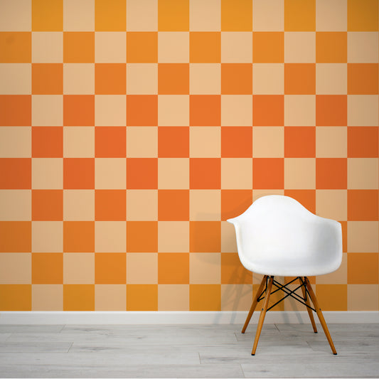 Checkmate Sunny Yellow and Orange Checkerboard Design Wallpaper Mural with White Chair