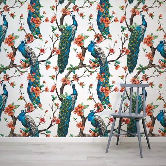 Chesserg bright peach and floral blossom branch wall mural by WallpaperMural.com